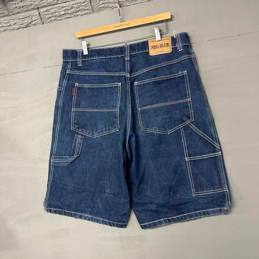 Neo Blue Mens Carpenter Denim Shorts Dark Wash Contrast Stitch Size 36 Utility